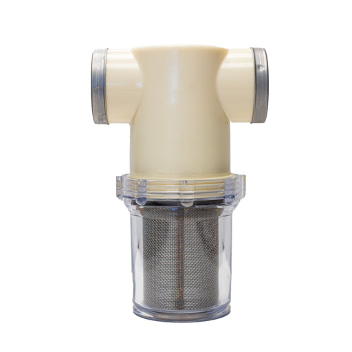 Water filter assembly with clear bowl and reusable 80‑micron stainless steel mesh screen, shown with plastic T‑connector and O‑ring gasket; used on US Jetting units to protect high‑pressure pumps by filtering debris from incoming water.