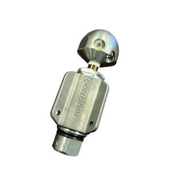 1/2 inch SuperSpin II WH rotary sewer jetting nozzle with Warthog engraving, showing the rotating head and jet ports designed for 6–18 inch pipe cleaning, grease removal, and root cutting using a 15‑degree forward jet and two 150‑degree rear jets for full 360‑degree cleaning.
