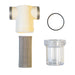 Individual water filter assembly components displayed separately, including plastic T‑connector, 80‑micron stainless steel mesh screen, clear bowl housing, and O‑ring gasket used on US Jetting units for filtering debris and protecting high‑pressure pump components.