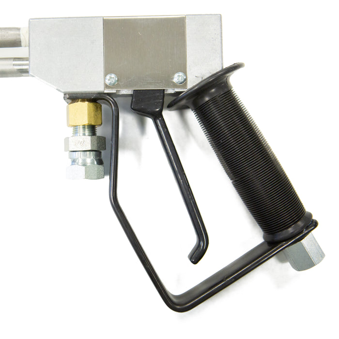 Close-up of 4000 PSI 8 GPM Dump Gun handle and trigger assembly with brass fittings and heavy-duty stainless components for pressure washing.