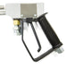 Close-up of 4000 PSI 8 GPM Dump Gun handle and trigger assembly with brass fittings and heavy-duty stainless components for pressure washing.
