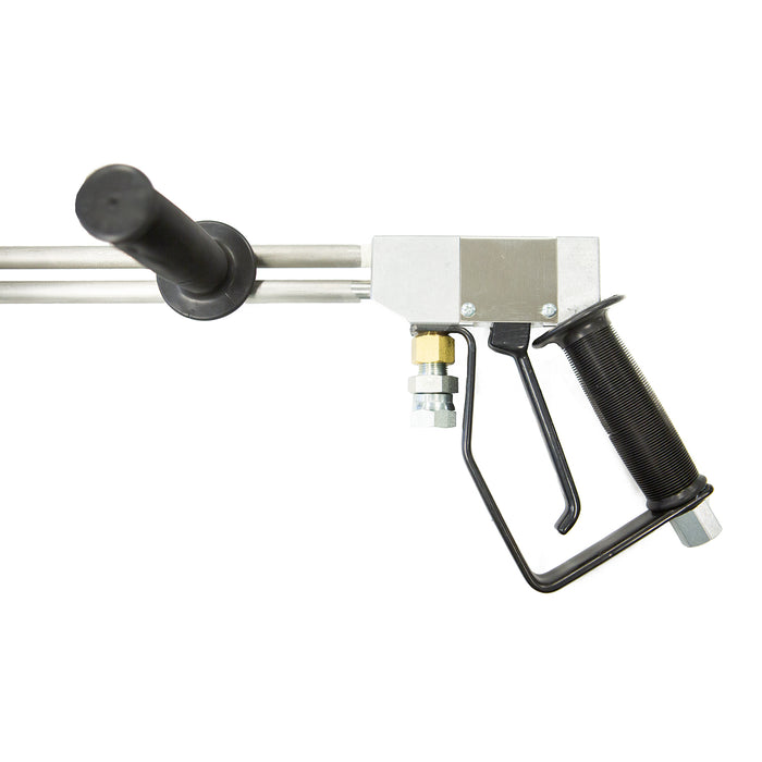 4000 PSI 8 GPM Dump Gun with dual stainless tubes, trigger handle, stabilizer grip, and brass fittings for pressure washing.