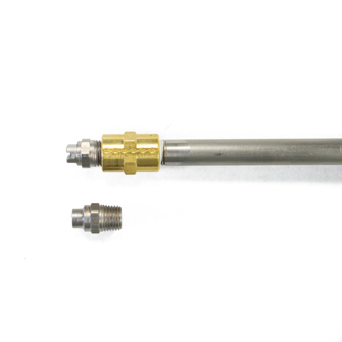 Close-up of 4000 PSI 8 GPM Dump Gun barrel with brass fitting and stainless components for pressure washing.