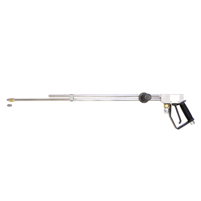4000 PSI 8 GPM Dump Gun for pressure washing with ½-inch hose, fan jet and pencil jet tips, long barrel extension, brass fittings, and low‑pressure dump feature for safe trigger release.