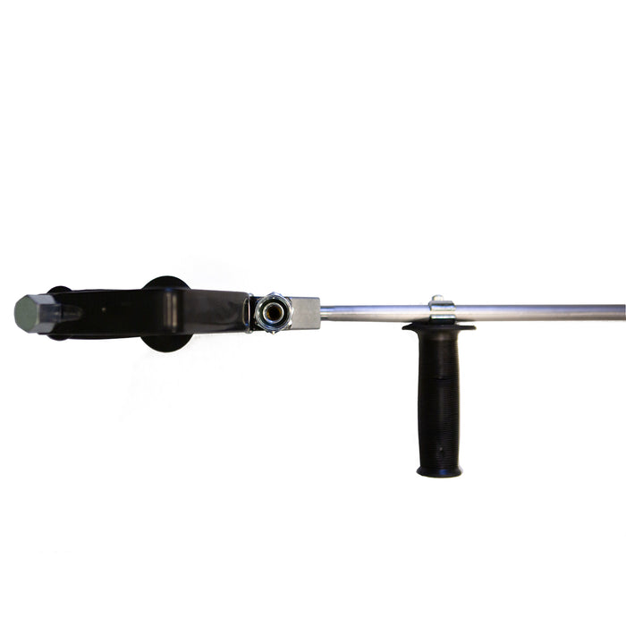 Close-up of 4000 PSI 8 GPM Dump Gun stabilizer handle with stainless mounting bracket and polished barrel for pressure washing.