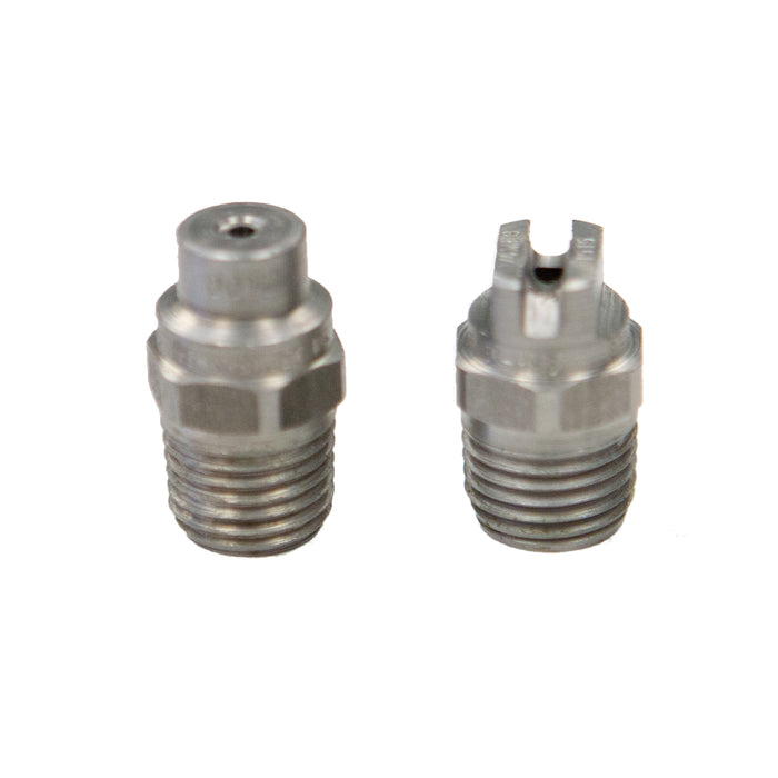 Interchangeable nozzle tips for 4000 PSI 8 GPM Dump Gun showing threaded stainless fittings with pencil jet and fan jet designs.