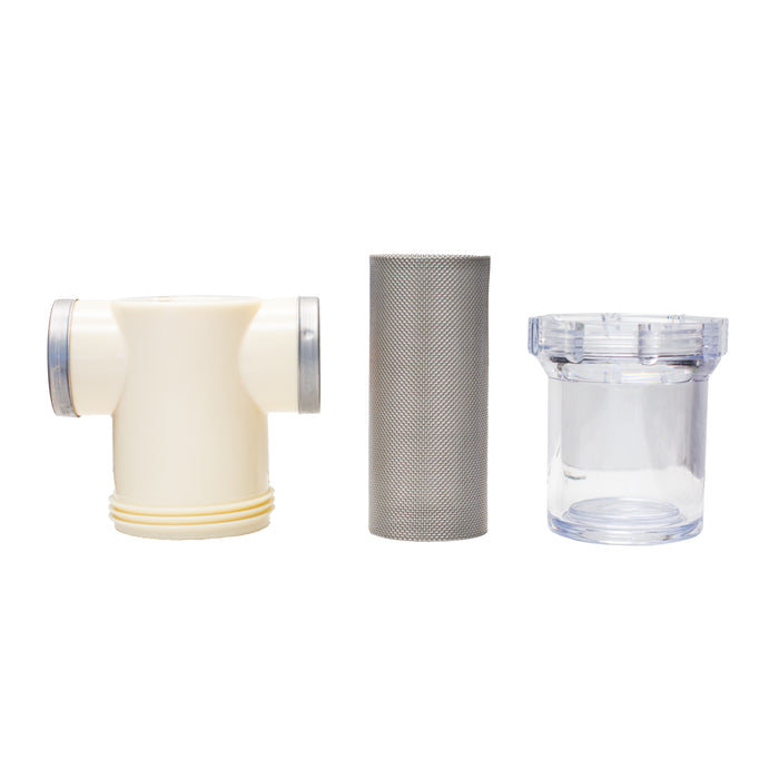 Disassembled T‑style water filter assembly showing plastic T‑housing, 80‑micron stainless steel mesh screen, and clear bowl; components used on US Jetting units to filter debris and protect high‑pressure pump systems.