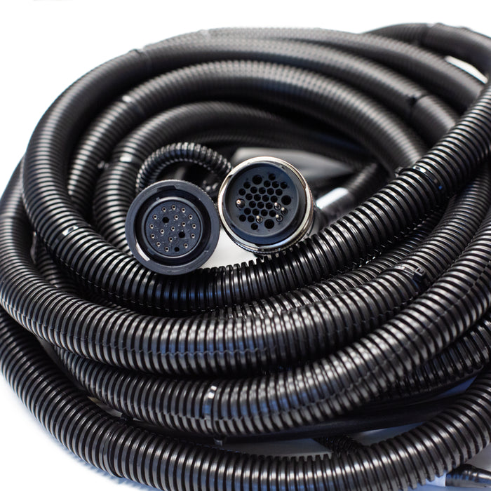 22ft JMS Elite to Tier 4 engine wiring harness with dual multi‑pin connectors and corrugated protective tubing for JMS Elite and JMS Elite Plus jetter control systems.