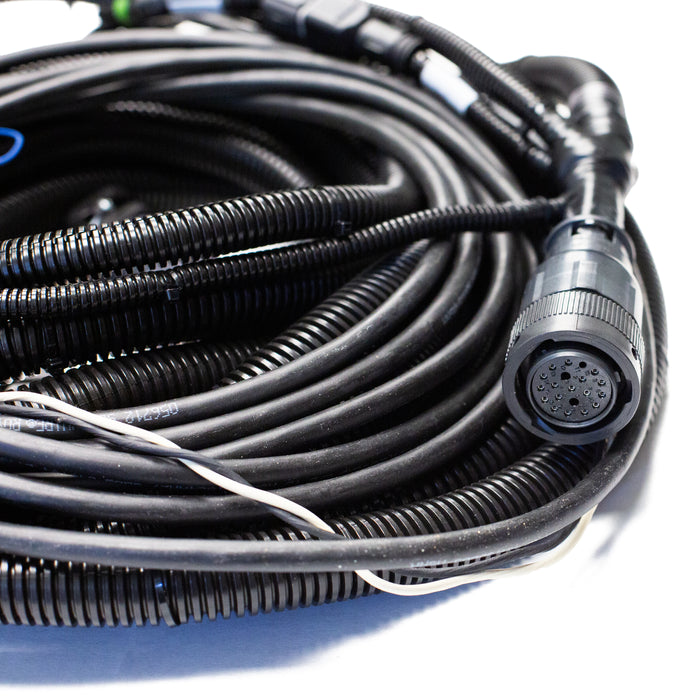 22ft JMS Elite to Tier 4 engine wiring harness with multi‑pin connector and corrugated protective tubing for JMS Elite and JMS Elite Plus jetter control systems.