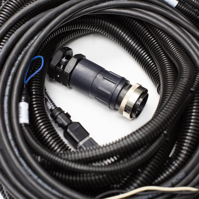 22ft JMS Elite to Tier 4 engine wiring harness with multi‑pin connectors and corrugated protective tubing for JMS Elite and JMS Elite Plus jetter control systems.