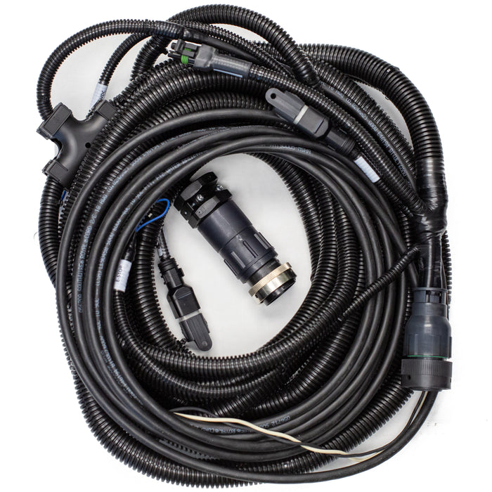 22ft JMS Elite to Tier 4 engine wiring harness with multi‑pin connectors, T‑junction, and corrugated protective tubing for JMS Elite and JMS Elite Plus jetter control systems.