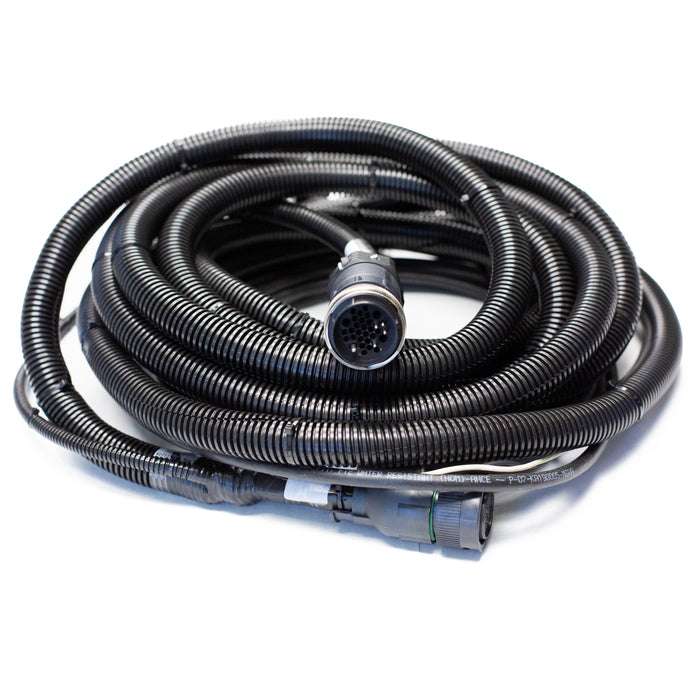 22ft JMS Elite to Tier 4 engine wiring harness with dual multi‑pin connectors and corrugated protective tubing for JMS Elite and JMS Elite Plus jetter control systems.