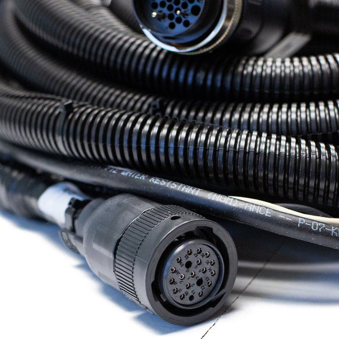 22ft JMS Elite to Tier 4 engine wiring harness with multi‑pin connectors, water‑resistant front‑face labeling, and corrugated protective tubing for JMS Elite and JMS Elite Plus jetter systems.