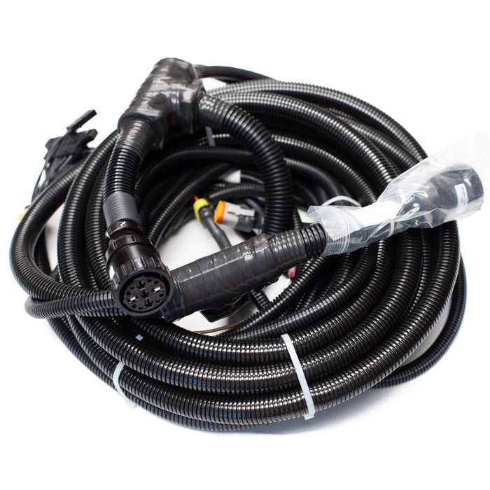Tier 3 engine wiring harness with multi‑pin connector, corrugated protective loom, and control‑panel leads for US Jetting jetter systems.